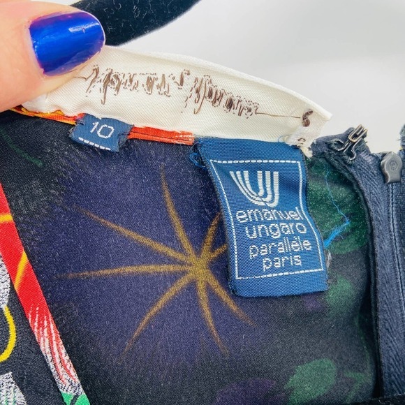 NEIMAN MARCUS Vintage Floral Print Long Zip Sleeve Ruched Waist Midi Dress 10 - Picture 7 of 7